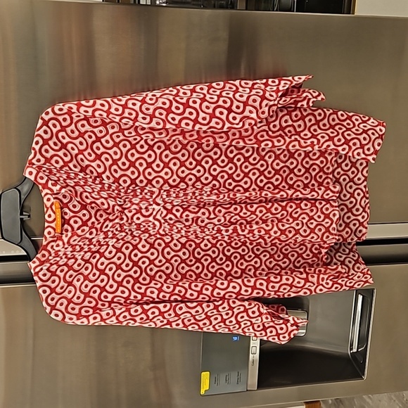 💕OLIPHANT💕 Mandarin Collar Blouse ~ Red Pink White Ikat Block Print XL - Picture 1 of 8